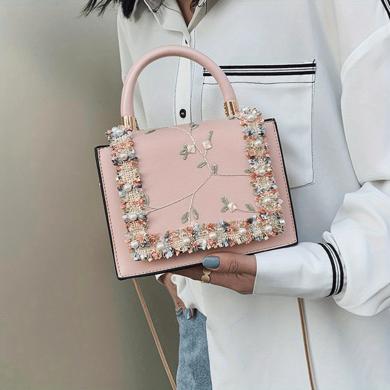 Flower Embroidered Square Bag Faux Leather Shoulder Bag