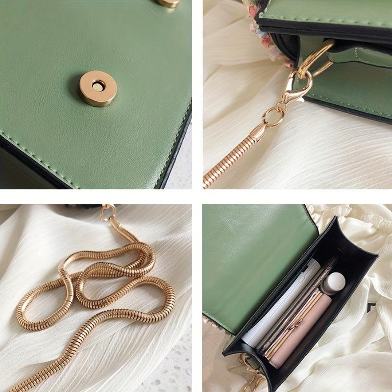 Flower Embroidered Square Bag Faux Leather Shoulder Bag