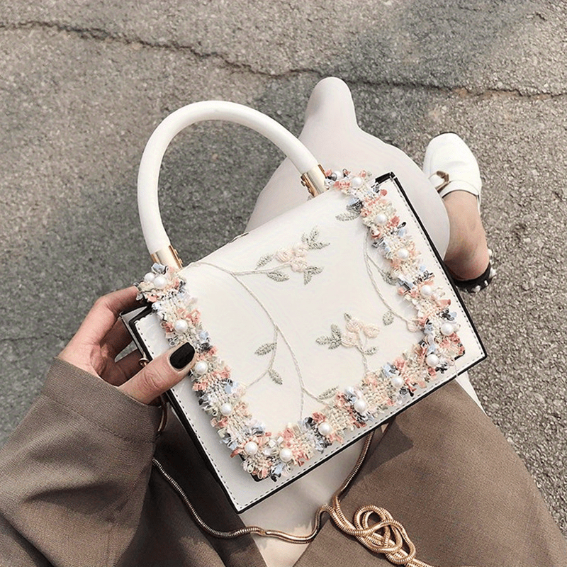 Flower Embroidered Square Bag Faux Leather Shoulder Bag