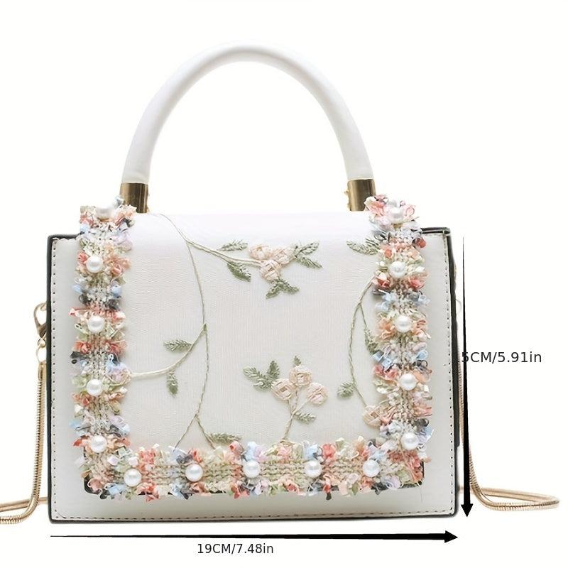 Flower Embroidered Square Bag Faux Leather Shoulder Bag