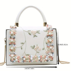 Flower Embroidered Square Bag Faux Leather Shoulder Bag