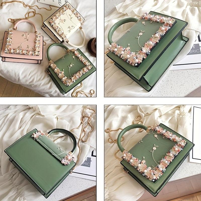 Flower Embroidered Square Bag Faux Leather Shoulder Bag