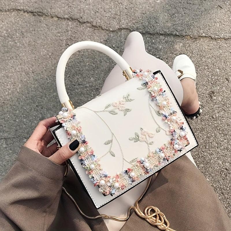 Flower Embroidered Square Bag Faux Leather Shoulder Bag