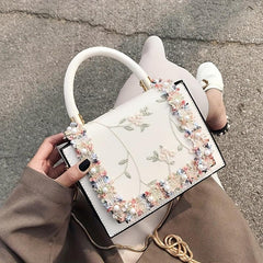 Flower Embroidered Square Bag Faux Leather Shoulder Bag