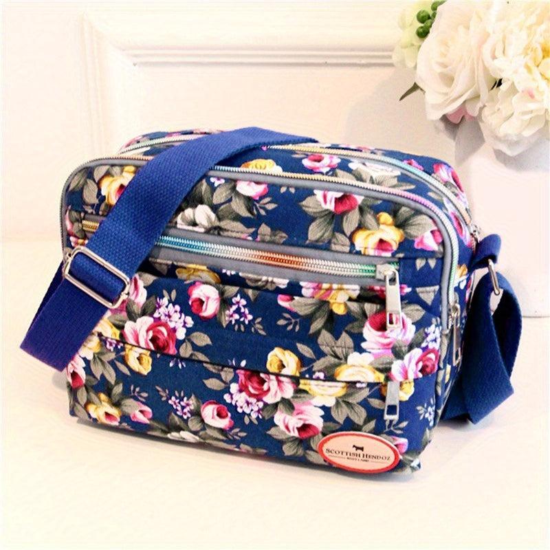 Floral Print Crossbody Bag Canvas Shoulder Bag Pockets Purse