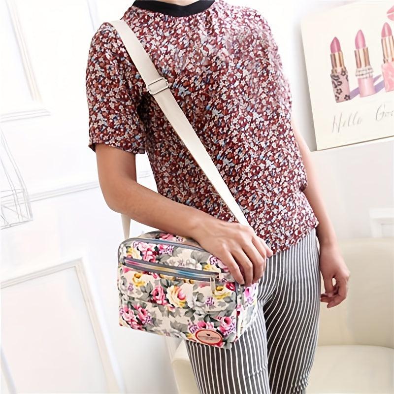 Floral Print Crossbody Bag Canvas Shoulder Bag Pockets Purse