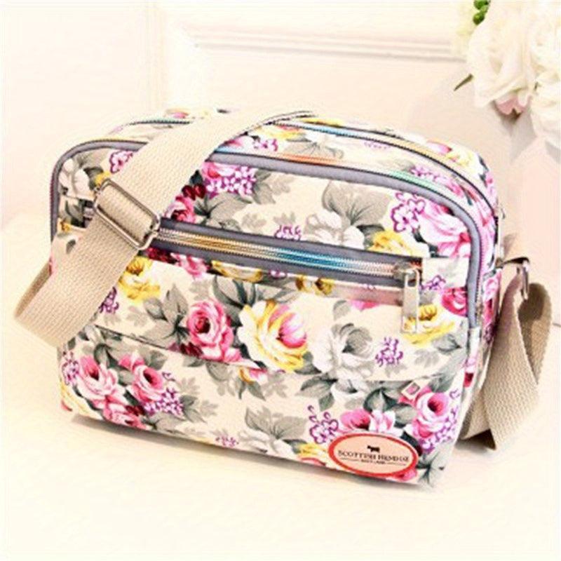 Floral Print Crossbody Bag Canvas Shoulder Bag Pockets Purse