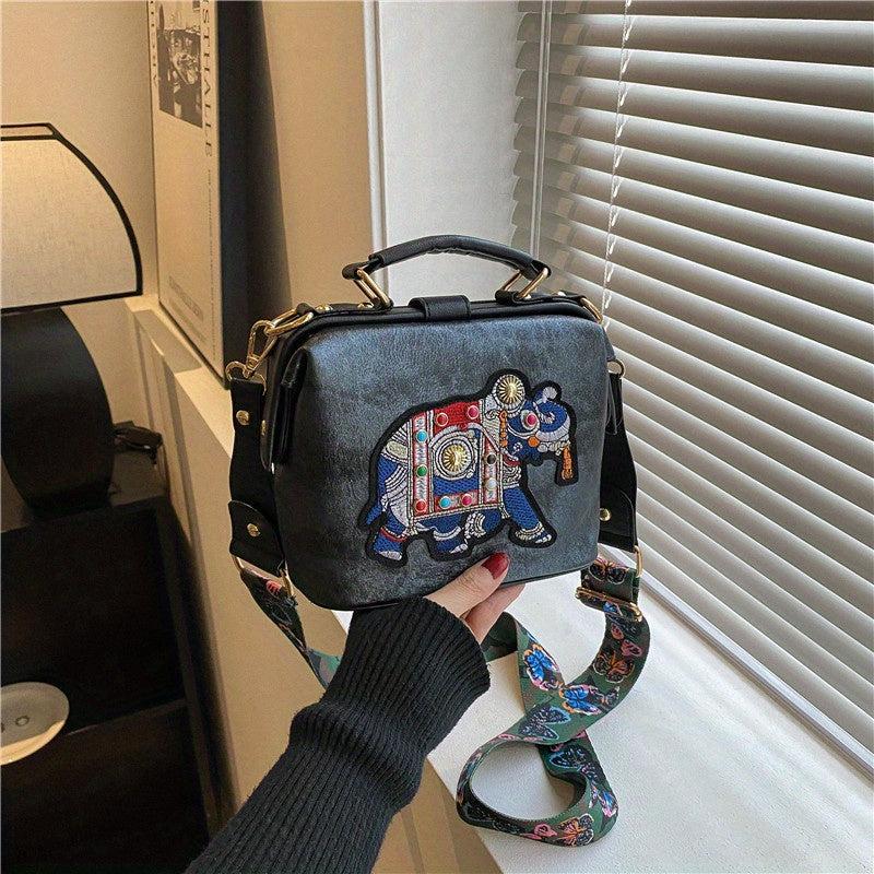 Vintage Elephant Pattern Shoulder Bag with Wide Strap
