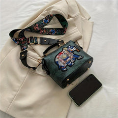 Vintage Elephant Pattern Shoulder Bag with Wide Strap