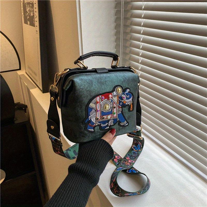 Vintage Elephant Pattern Shoulder Bag with Wide Strap