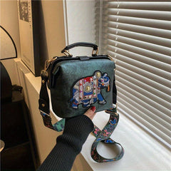 Vintage Elephant Pattern Shoulder Bag with Wide Strap