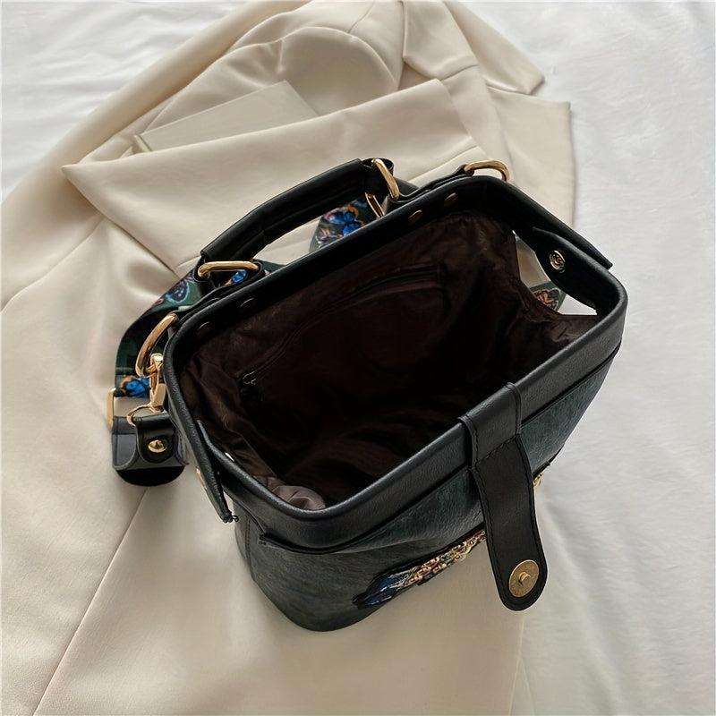 Vintage Elephant Pattern Shoulder Bag with Wide Strap