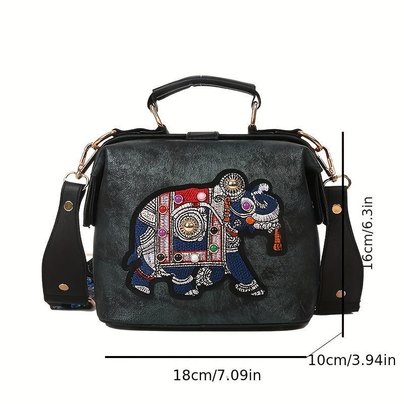 Vintage Elephant Pattern Shoulder Bag with Wide Strap