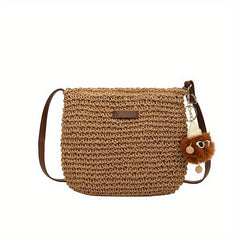 Boho Crossbody Straw Bag with Plush Pendant - Summer Beach Bag