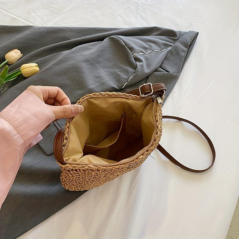 Boho Crossbody Straw Bag with Plush Pendant - Summer Beach Bag