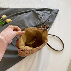 Boho Crossbody Straw Bag with Plush Pendant - Summer Beach Bag