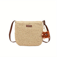 Boho Crossbody Straw Bag with Plush Pendant - Summer Beach Bag