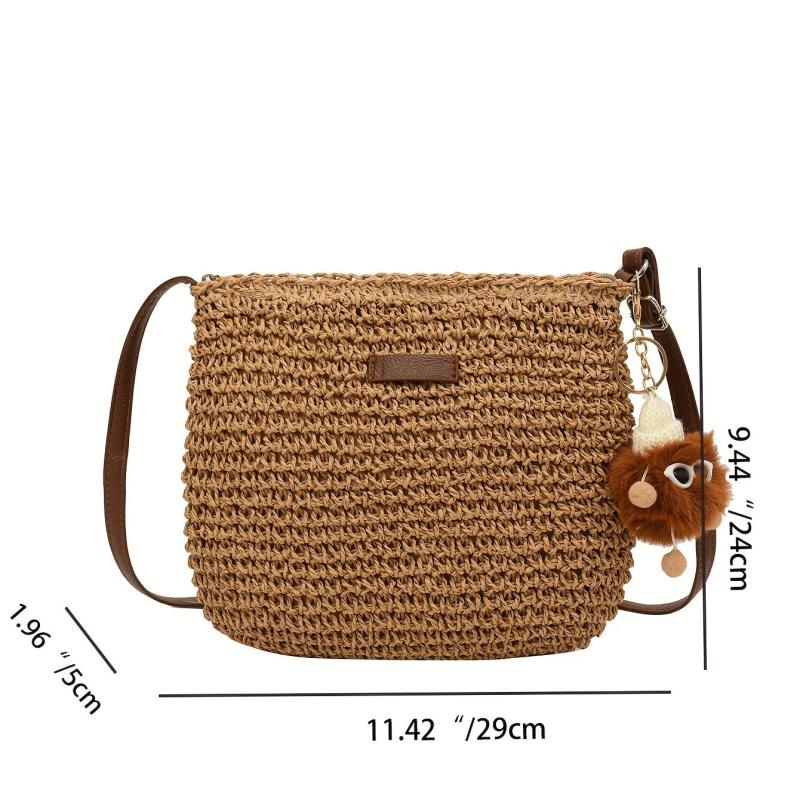 Boho Crossbody Straw Bag with Plush Pendant - Summer Beach Bag