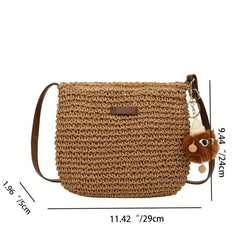 Boho Crossbody Straw Bag with Plush Pendant - Summer Beach Bag