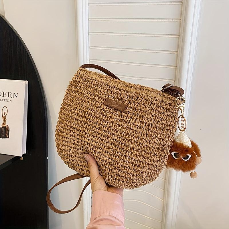 Boho Crossbody Straw Bag with Plush Pendant - Summer Beach Bag