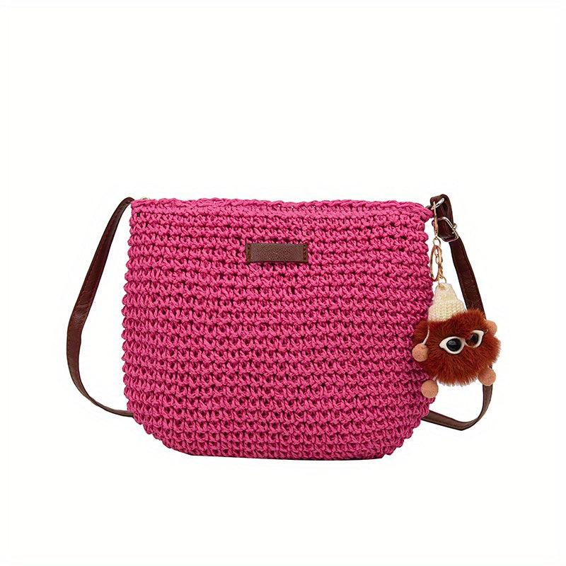 Boho Crossbody Straw Bag with Plush Pendant - Summer Beach Bag