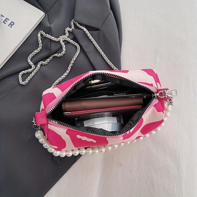 Leopard Pattern Chain Crossbody Bag Metal Pearl Purse Underarm Shoulder Bag