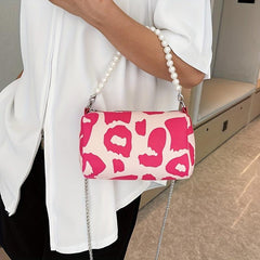 Leopard Pattern Chain Crossbody Bag Metal Pearl Purse Underarm Shoulder Bag