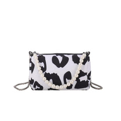 Leopard Pattern Chain Crossbody Bag Metal Pearl Purse Underarm Shoulder Bag