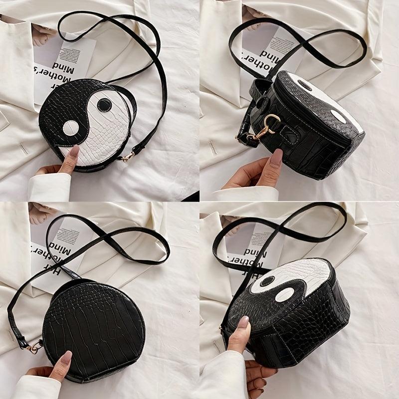 Crocodile Embossed Circle Bag Yin & Yang Crossbody Handbag