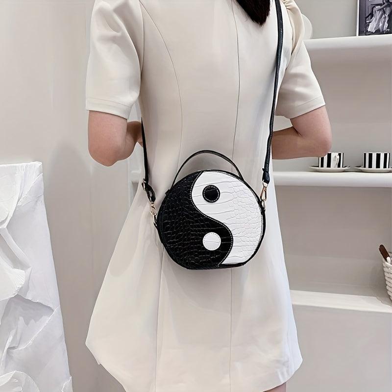Crocodile Embossed Circle Bag Yin & Yang Crossbody Handbag