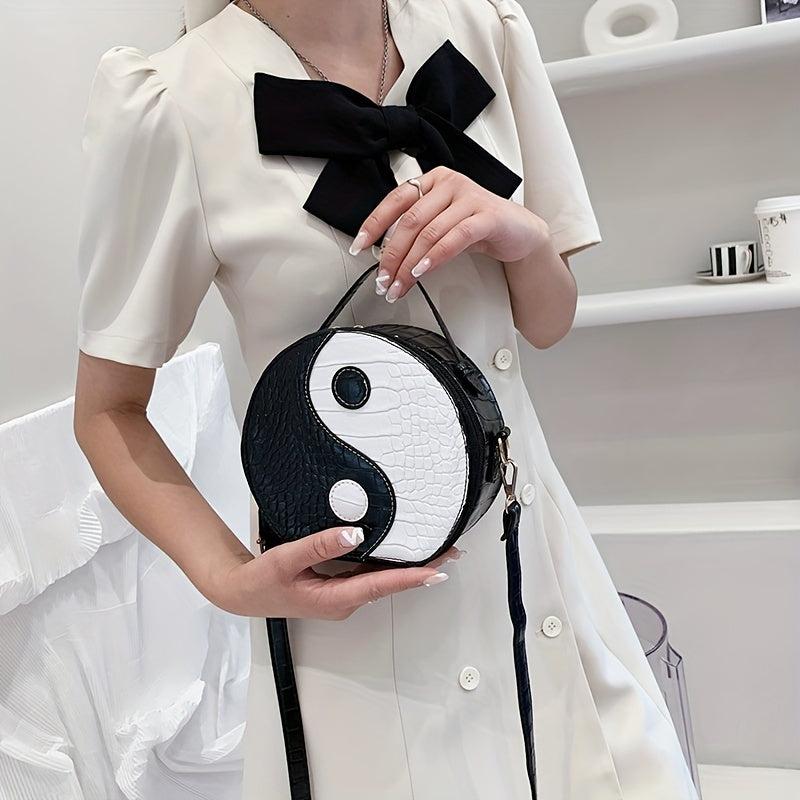 Crocodile Embossed Circle Bag Yin & Yang Crossbody Handbag