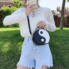 Crocodile Embossed Circle Bag Yin & Yang Crossbody Handbag