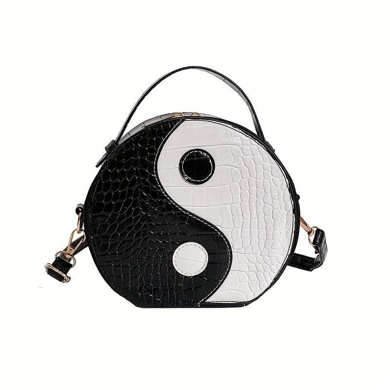 Crocodile Embossed Circle Bag Yin & Yang Crossbody Handbag