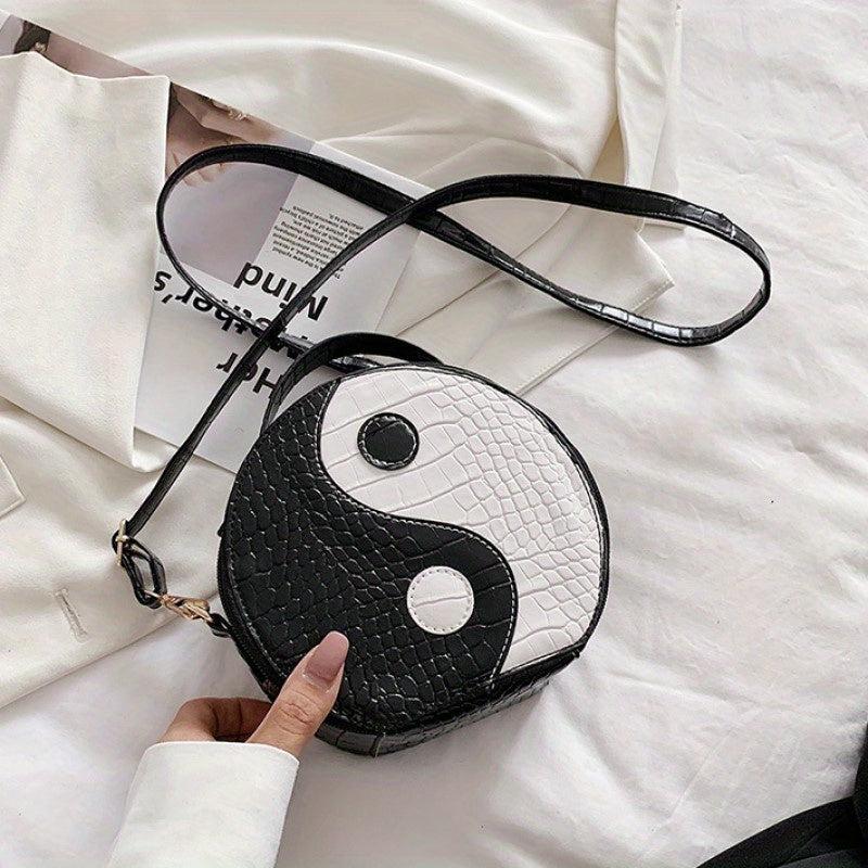 Crocodile Embossed Circle Bag Yin & Yang Crossbody Handbag