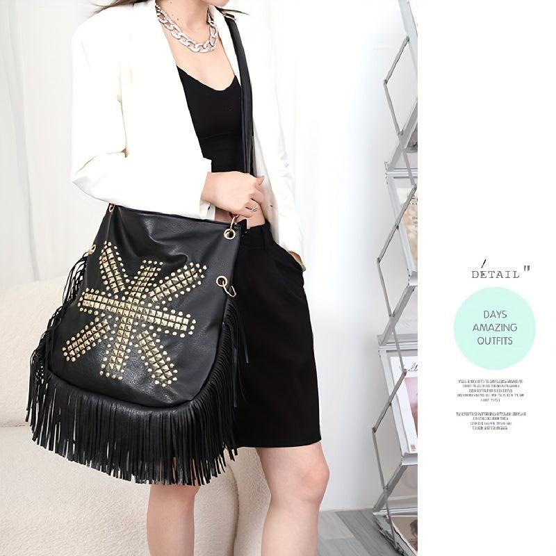 Studded Fringe Hobo Bag Vintage PU Leather Handbag For Women