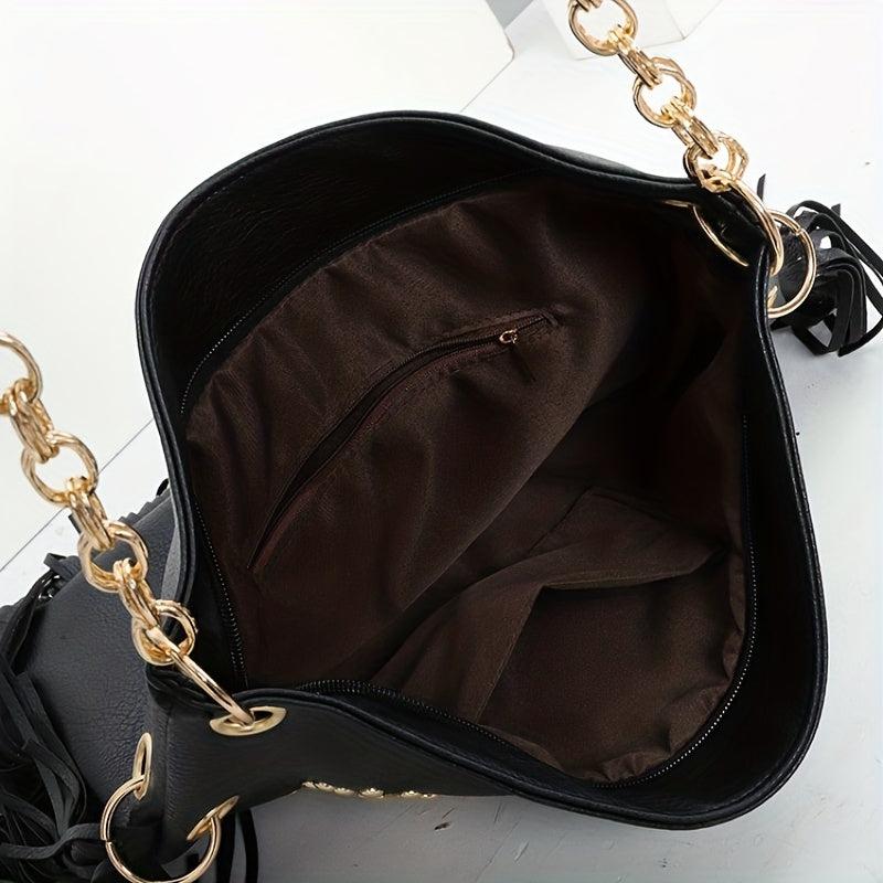 Studded Fringe Hobo Bag Vintage PU Leather Handbag For Women