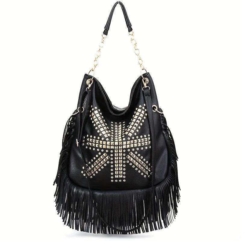 Studded Fringe Hobo Bag Vintage PU Leather Handbag For Women