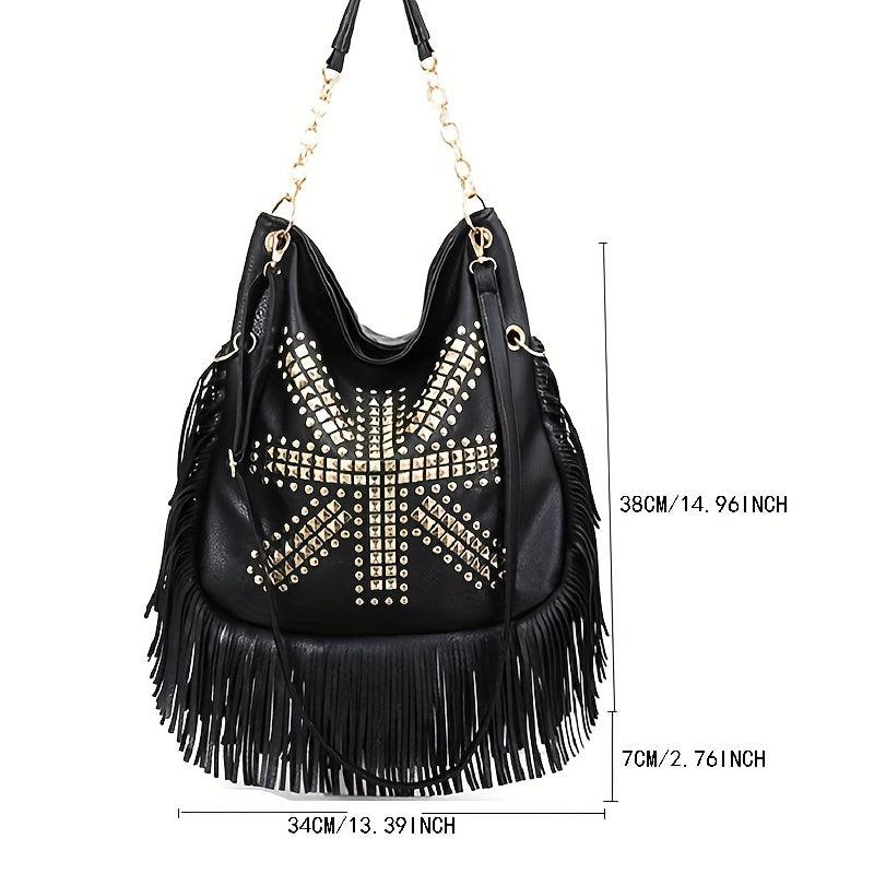 Studded Fringe Hobo Bag Vintage PU Leather Handbag For Women