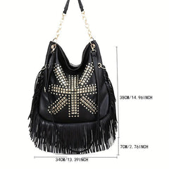 Studded Fringe Hobo Bag Vintage PU Leather Handbag For Women