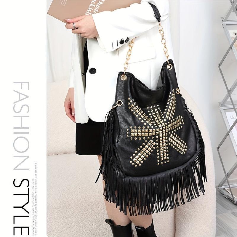 Studded Fringe Hobo Bag Vintage PU Leather Handbag For Women
