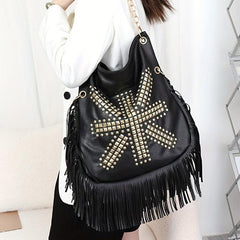 Studded Fringe Hobo Bag Vintage PU Leather Handbag For Women