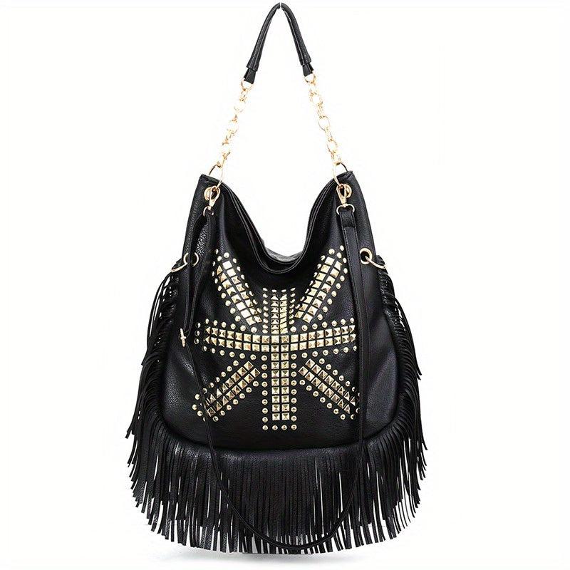 Studded Fringe Hobo Bag Vintage PU Leather Handbag For Women