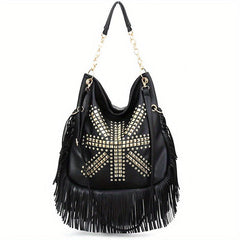 Studded Fringe Hobo Bag Vintage PU Leather Handbag For Women