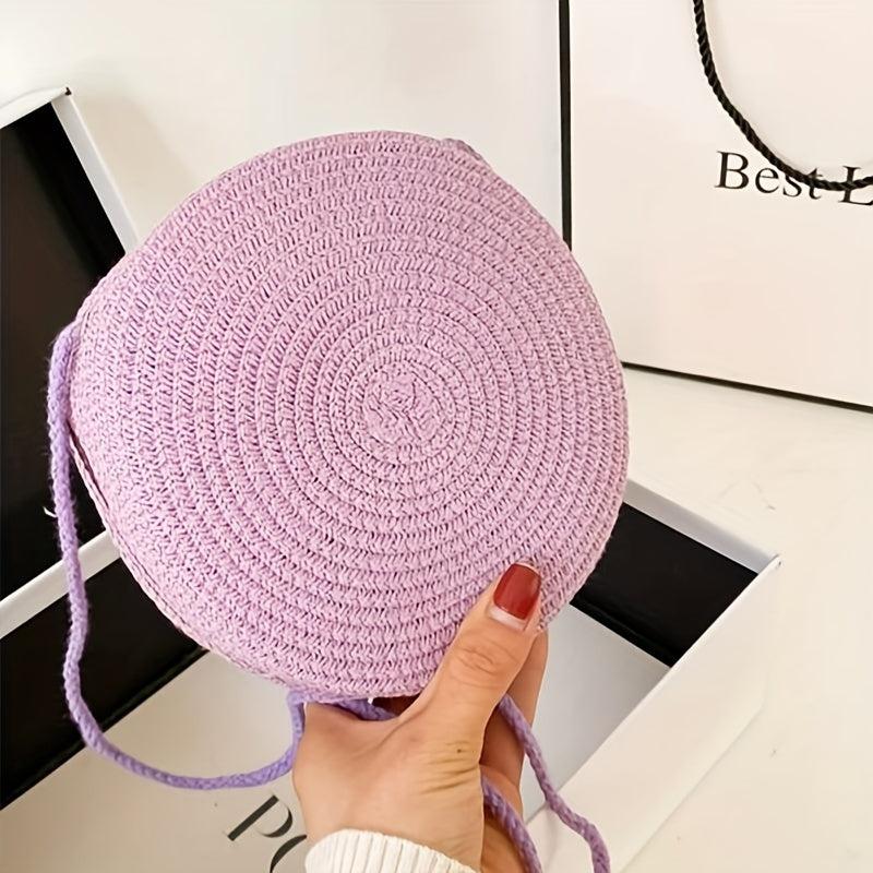 Straw Round Beach Crossbody Bag Solid Casual Summer Woven Handbag