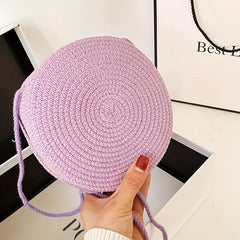 Straw Round Beach Crossbody Bag Solid Casual Summer Woven Handbag
