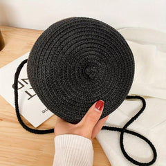 Straw Round Beach Crossbody Bag Solid Casual Summer Woven Handbag