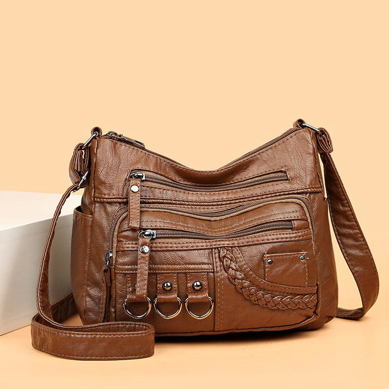 Vintage Zipper Shoulder Bag Soft PU Leather Purse Crossbody Bag
