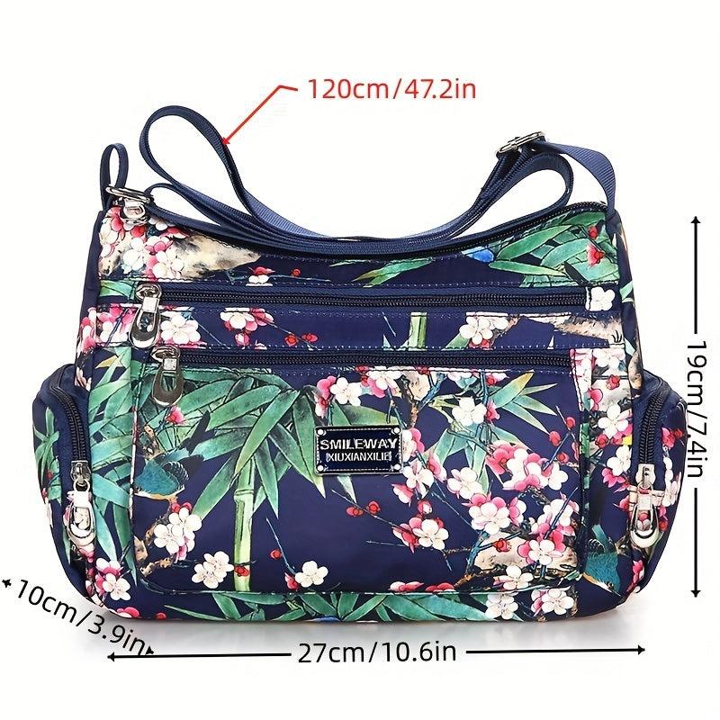 Flower Printed Crossbody Bag Nylon Lightweight Messenger Bag