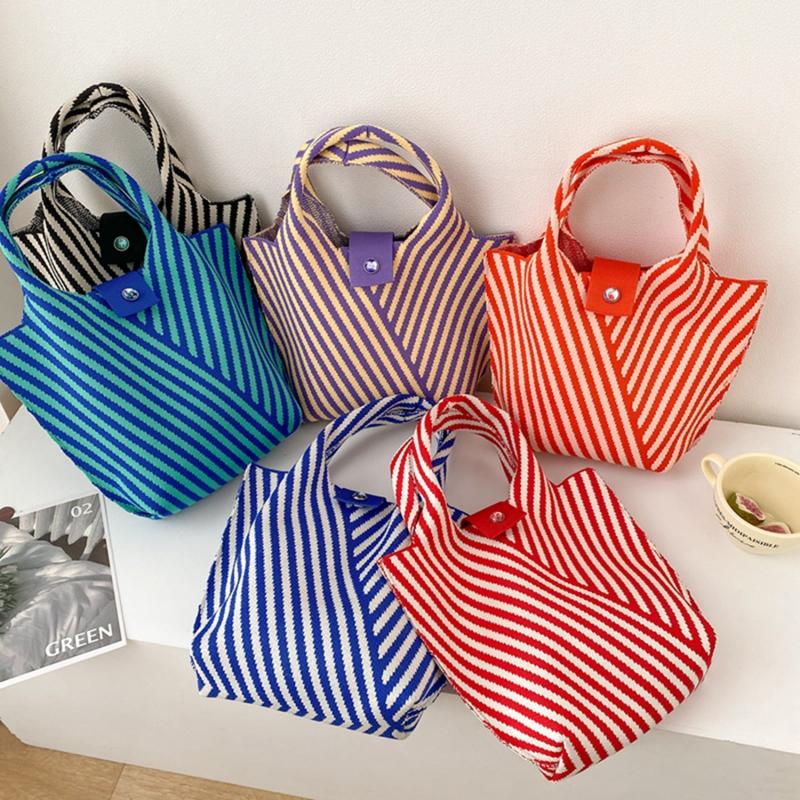 Colorblock Knitted Tote Bag Striped Pattern Hobo Bag Women's Casual Handbag