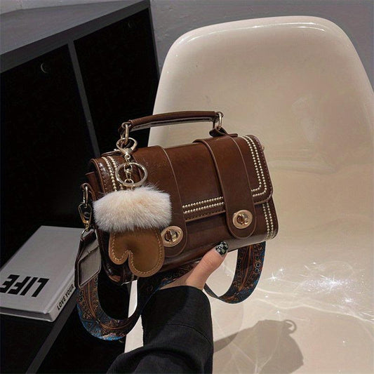 Vintage Crossbody Bag Small Buckle Decor Handbag Women's PU Leather Flap Purse